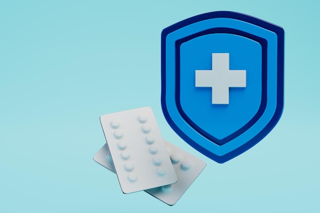 Tabletas de protección contra enfermedades en ampollas y un escudo azul con un signo más blanco 3D Render