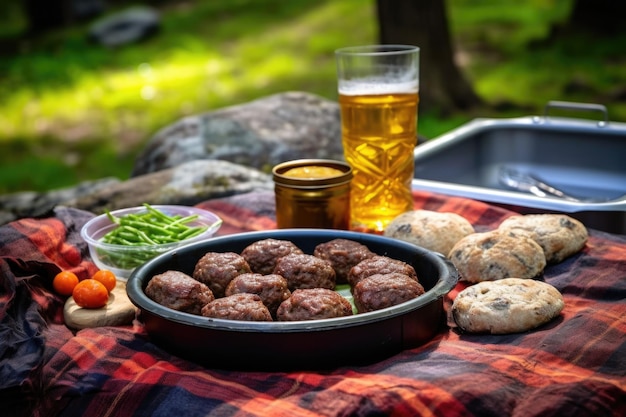 Tabletscape de un picnic con cerveza de portero y hamburguesas cocidas de manera desigual