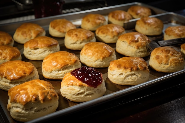 Tablett mit frisch gebackenen Scones, garniert mit hausgemachter Erdbeermarmelade, hergestellt mit generativer KI