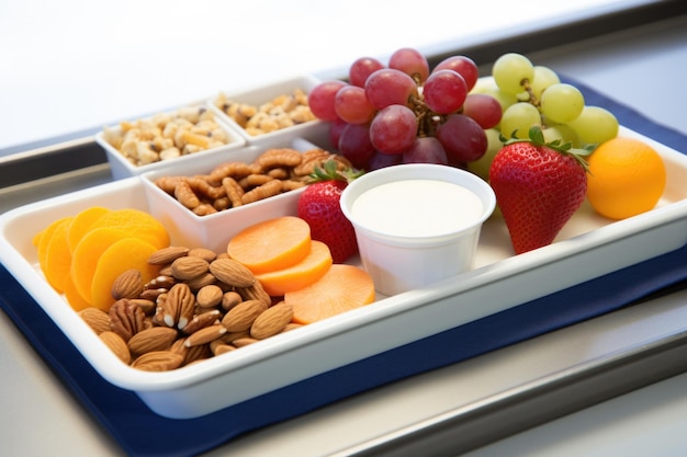 Tablett mit frischen Früchten, Nüssen und Müsliriegeln an Bord-Snacks