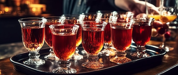 Tablett mit Gläsern Rotwein und alkoholischen Getränkecocktails in den Händen eines Kellners in einem Luxusrestaurant Generative AI