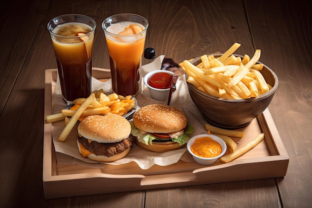 Tablett mit köstlichem ausländischem Fastfood mit Pommes Frites und Limonade