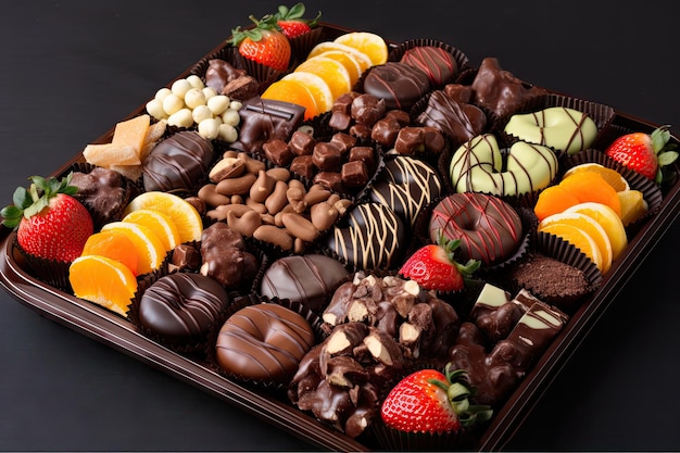 Tablett mit verschiedenen Früchten und Nüssen, jeweils überzogen mit dekadenter Schokolade, hergestellt mit generativer KI