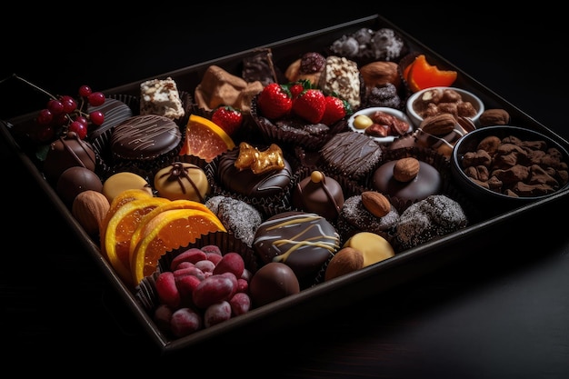Tablett mit verschiedenen mit Schokolade überzogenen Früchten und Nüssen auf schwarzem Hintergrund, erstellt mit generativer KI