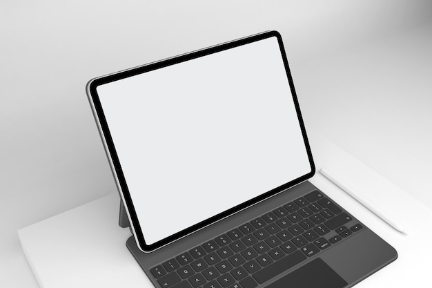 Tablette und magische Tastatur-Perspektivseite lokalisiert im weißen Hintergrund