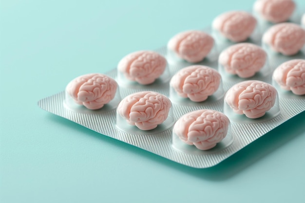 Tablettenblister mit menschlichen Gehirnen Arzneimittel für die Gesundheit des Gehirns psychische Gesundheit Konzept Verbesserung der Gehirnfunktion Gedächtniskonzentration DMAE Vitamine nootropische Behandlung intelligente Medikamente kognitive Verstärker