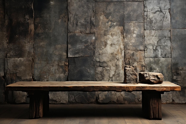 El tablón de madera abandonado contrasta con la composición ingeniosa del fondo de la pared de hormigón grunge