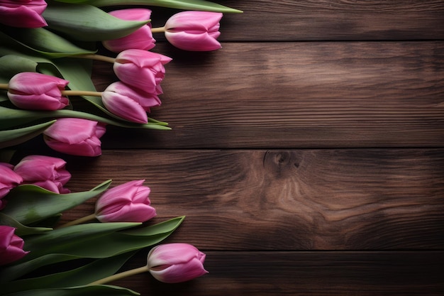 Tablón de madera de tulipanes rosas Generar Ai