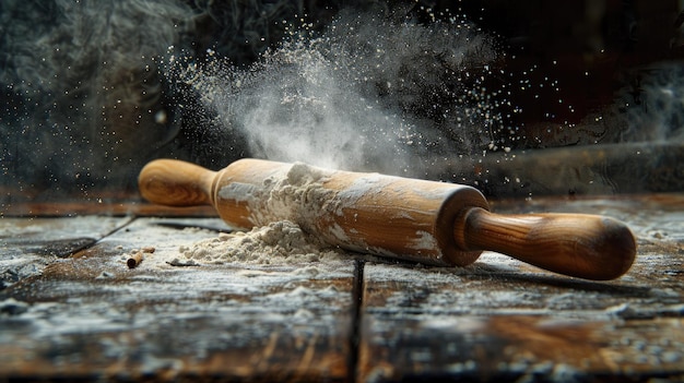 Táboa de corte de madeira áspera com rolo e farinha branca espalhada Conceito de cozimento culinário