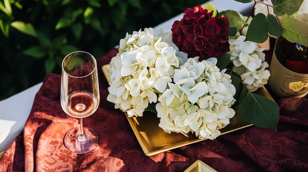 Foto tábua de celebração de casamento ou jantar formal com flores de hortênsia em inglês