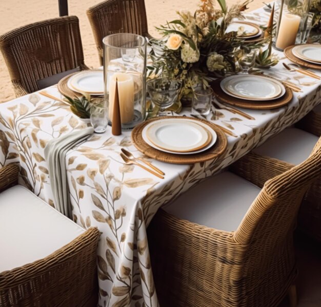 Tábua de férias botânica ao ar livre, mesa de campo inglesa, mesa com pratos elegantes e pratos para casamento e eventos.