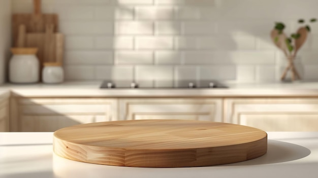 Tábua de madeira redonda vazia no interior de uma cozinha limpa e brilhante