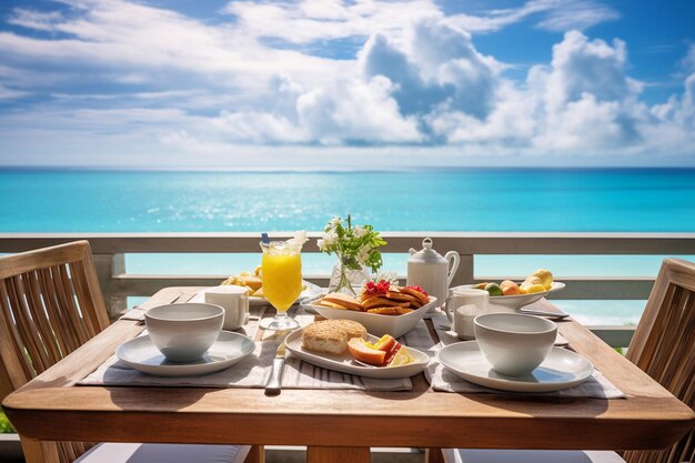 Tábua de pequeno-almoço tropical de luxo à beira-mar IA geradora