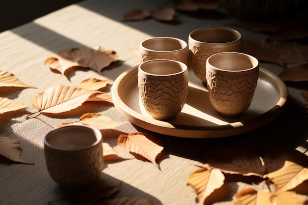 Tábua e copos com sassafras e folhas de canela