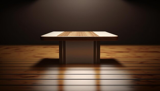 Tábua e mesa de madeira, para exposição e merchandising de produtos. IA generativa.