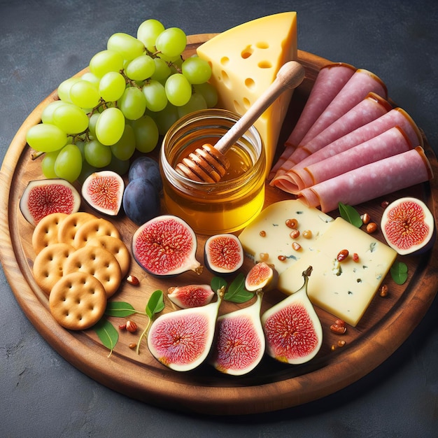 Tábua redonda com fatias de queijos variados, linguiça, roseta, biscoito de presunto, uvas e figos com mel