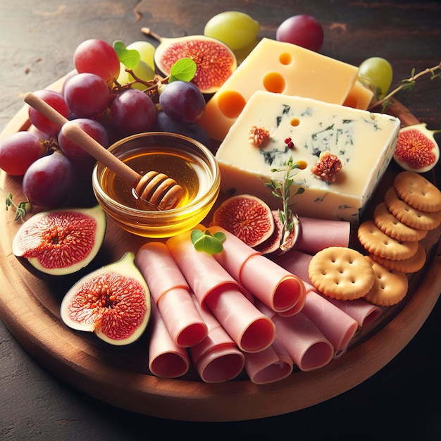 Tábua redonda com fatias de queijos variados, linguiça, roseta, biscoito de presunto, uvas e figos com mel