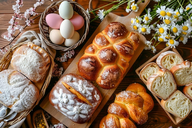 Tábua tradicional de celebração da Páscoa com assados frescos ovos pintados e flores de primavera