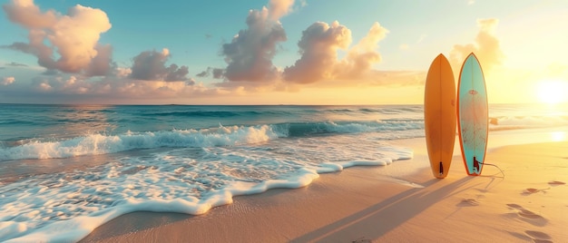 Tábuas de surf no mar cada areia decorada com combinação de cores com um grande espaço vazio IA geradora