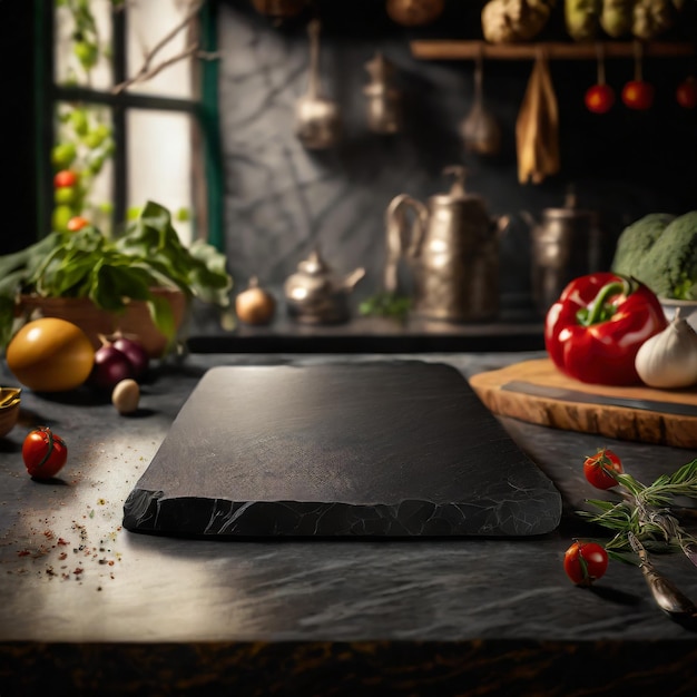 Tabula de corte de pedra de superfície preta vazia para exibir alimentos na mesa em uma cozinha moderna borrada