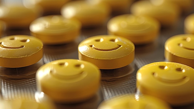 Tabulação da pílula as pílulas são amarelas pílulas de círculo de rosto sorridente