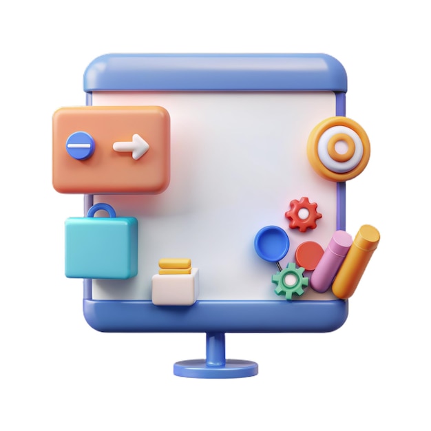 Tabuleiro branco 3D para apresentação e símbolo de ícone Equipamento para conferências e estratégia de marketing Conceito de negócio Pastel de desenho animado Estilo minimalista