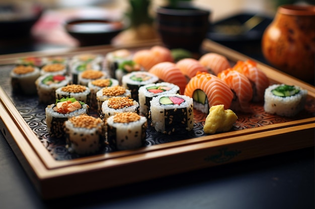 Tabuleiro com vários rolos de sushi e pauzinhos