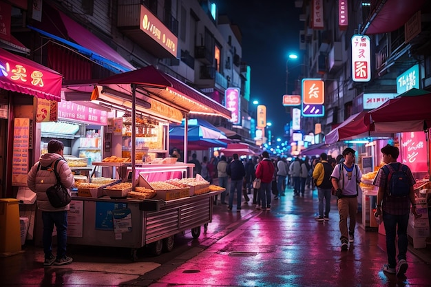 Foto tabuleiro contra uma rua iluminada por neon cheia de vendedores de comida de rua para produtos alimentares