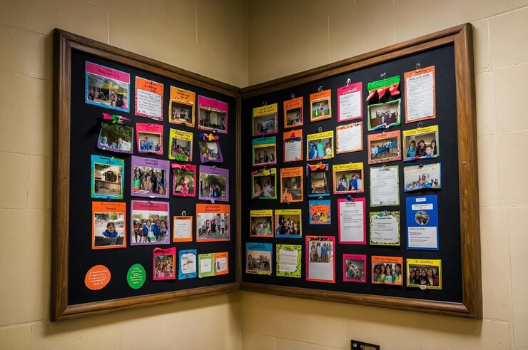 Foto tabuleiro de anúncios do corredor da escola