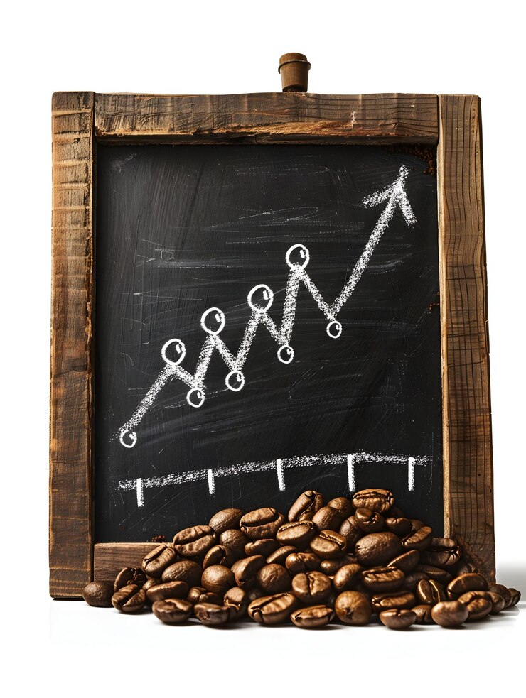 Foto tabuleiro de ícones planos 3d com grãos de café e gráfico de crescimento para aumento do valor da mercadoria de café i