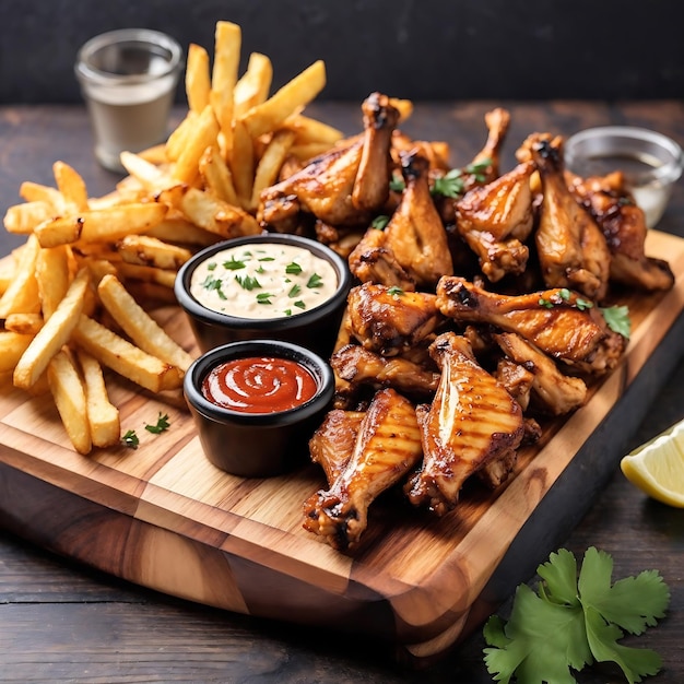 Tabuleiro de madeira com asas de frango grelhadas com batatas fritas Ai Gerado