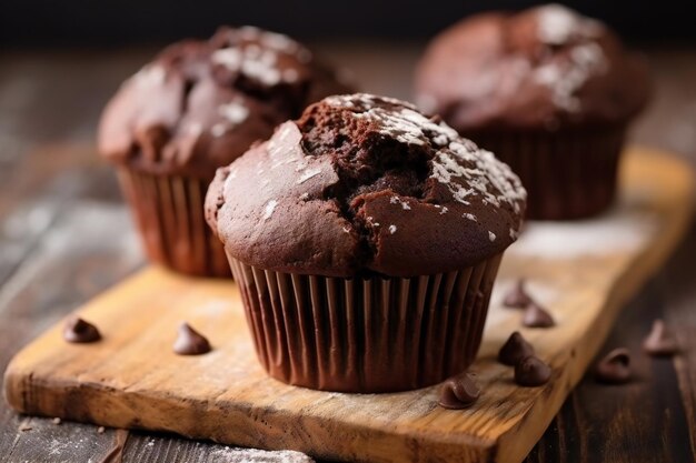 Foto tabuleiro de madeira com delicioso muffin de chocolate muffins de chocolate muffin de chocolate em papel castanho