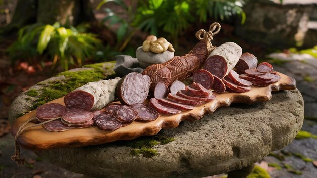 Tabuleiro de madeira com salame cortado colocado em uma mesa de pedra