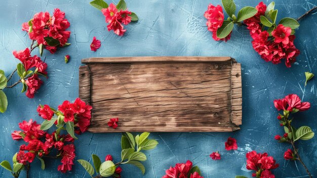 Foto tabuleiro de madeira em fundo azul com flores vermelhas copiar espaço fundo limpo