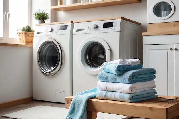 Tabuleiro de madeira vazio com toalhas em fundo desfocado de máquina de lavar roupa em casa
