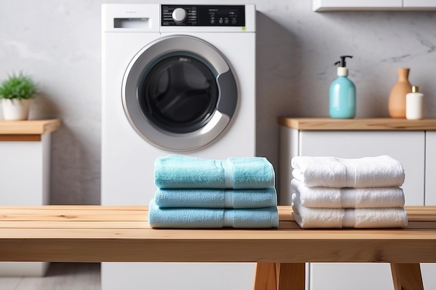 Tabuleiro de madeira vazio com toalhas em fundo desfocado de máquina de lavar roupa em casa