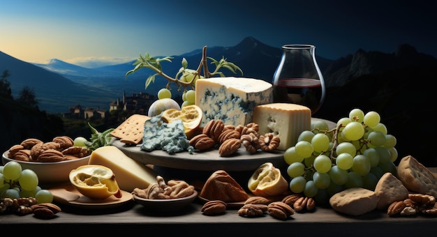 Foto tabuleiro de queijo vários tipos de composição de queijo com uvas e lanches