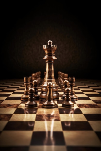Tabuleiro de xadrez com a peça do rei liderando os peões para a frente, criado com IA generativa