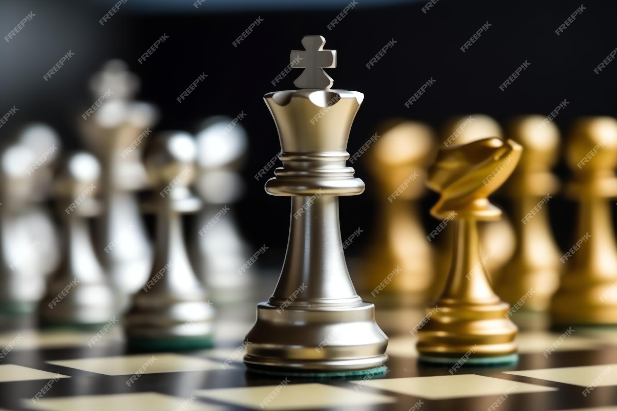 Conceito de estratégia de negócios. o cavaleiro dá o último passo final  para fazer o xeque-mate no xadrez, caindo como rei.