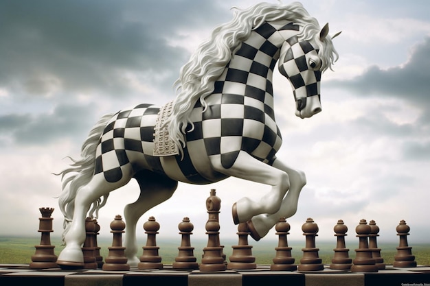 Cavalos de xadrez fantasia em um tabuleiro de xadrez generative ai