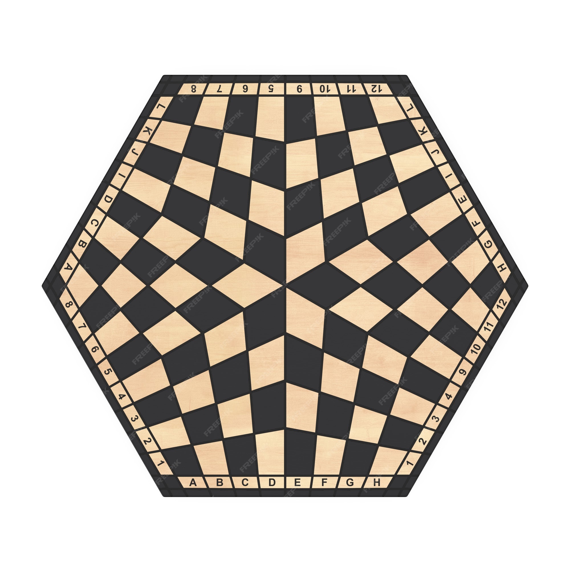 Tabuleiro de xadrez hexagonal de três jogadores com xadrez em um fundo  branco. renderização 3d