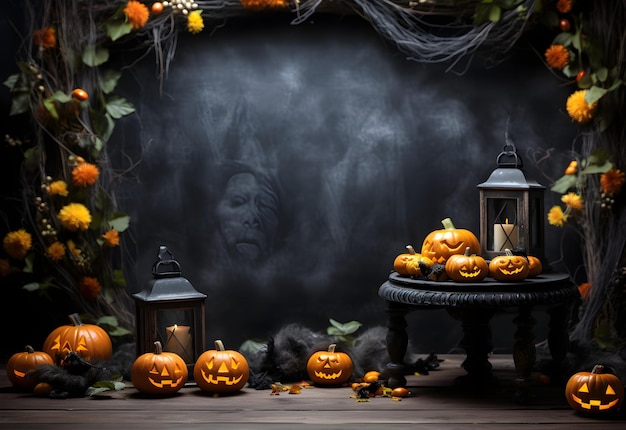 Tabuleiro preto vazio de halloween maquete de parede escura com abóboras lanterna flores de outono decoração assustadora e fundo místico gerado por IA