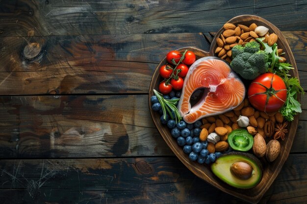 Foto tabuleiros vintage exibem o conceito de dieta saudável para o coração e o colesterol