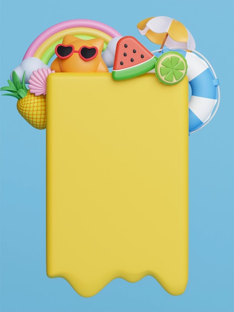 Foto tabuleta amarela 3d para texto e elementos de praia coloridos banner de ilustração de ideia de conceito de verão criativo ilustração de renderização em 3d