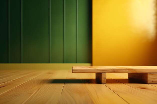 Un taburete de madera descansa sobre un suelo de madera junto a una pared amarilla.