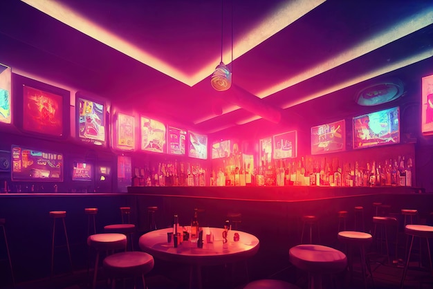 Taburetes de bar en cyberpunk BAR en cyberpunk city Neons cybercity fondo colores opuestos