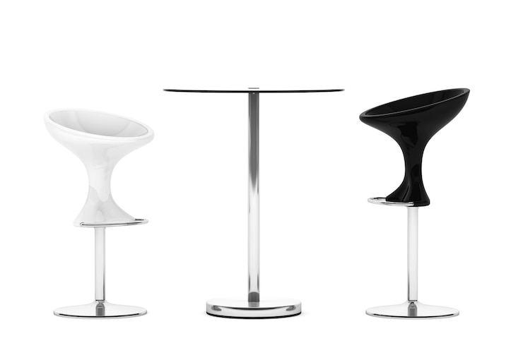 Foto taburetes de bar modernos con mesa sobre un fondo blanco. representación 3d