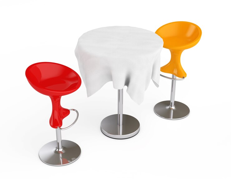 Foto taburetes modernos de bar rojo y naranja con mantel cubierto de mesa sobre un fondo blanco. representación 3d
