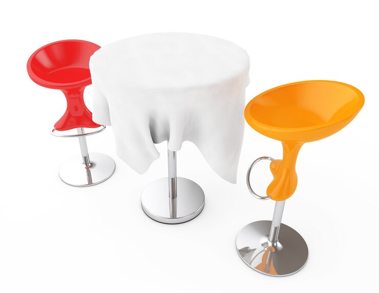 Foto taburetes modernos de bar rojo y naranja con mantel cubierto de mesa sobre un fondo blanco. representación 3d