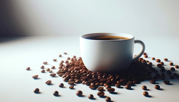 Taça branca com café aromático em fundo de gradiente foco em feijões Iluminação de alto nível IA geradora